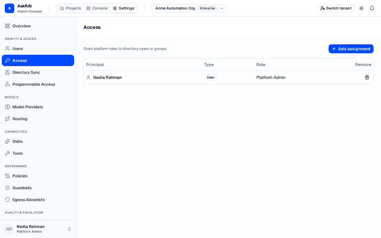The Access page under Settings, listing role assignments for users and groups with their principal type and role, and an Add assignment button