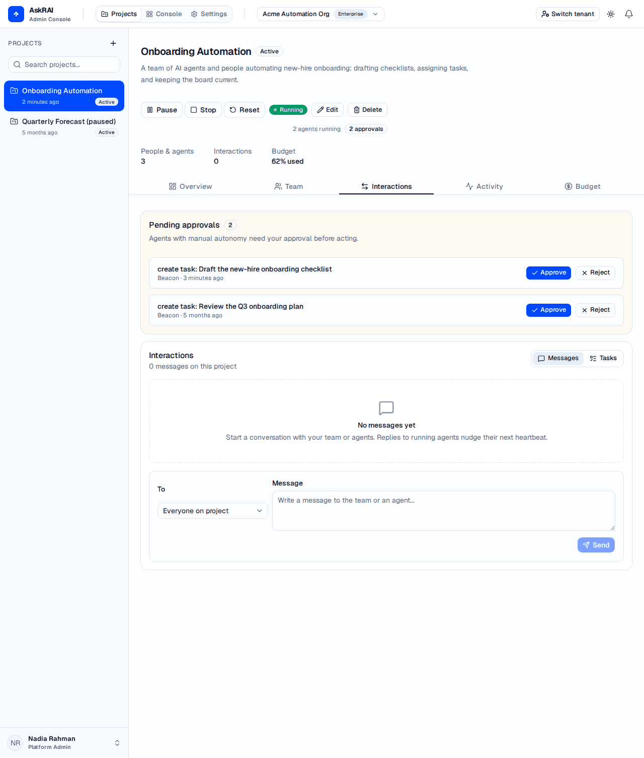 The Interactions tab of the Onboarding Automation project: the team is running with two agents, two pending approvals, and a live message thread between the Atlas and Beacon agents