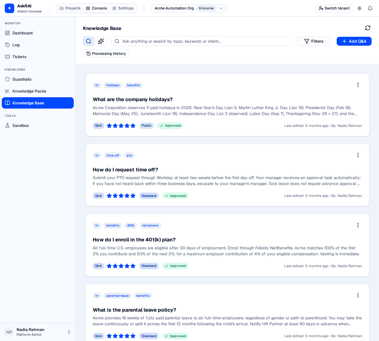 Knowledge Base page showing the search toolbar, the Processing History action, and a grid of Q&A cards with rating, sensitivity, and status badges