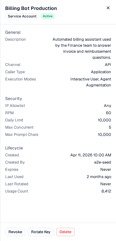 Credential details drawer showing General, Security, and Lifecycle sections with Revoke, Rotate Key, and Delete actions