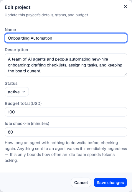 The Edit project dialog with Name, Description, Status, Budget total and Idle check-in fields