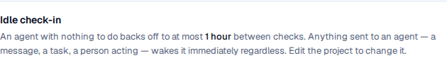 The Budget tab's Idle check-in block, reading that an agent with nothing to do backs off to at most 1 hour between checks and that anything sent to it wakes it immediately