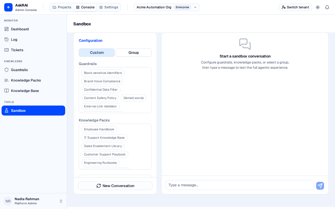 Sandbox page showing the configuration panel on the left and the chat panel on the right