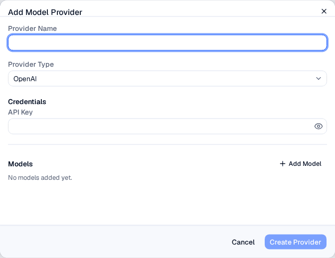 Add Model Provider dialog showing provider name, type selector, credentials, and models sections