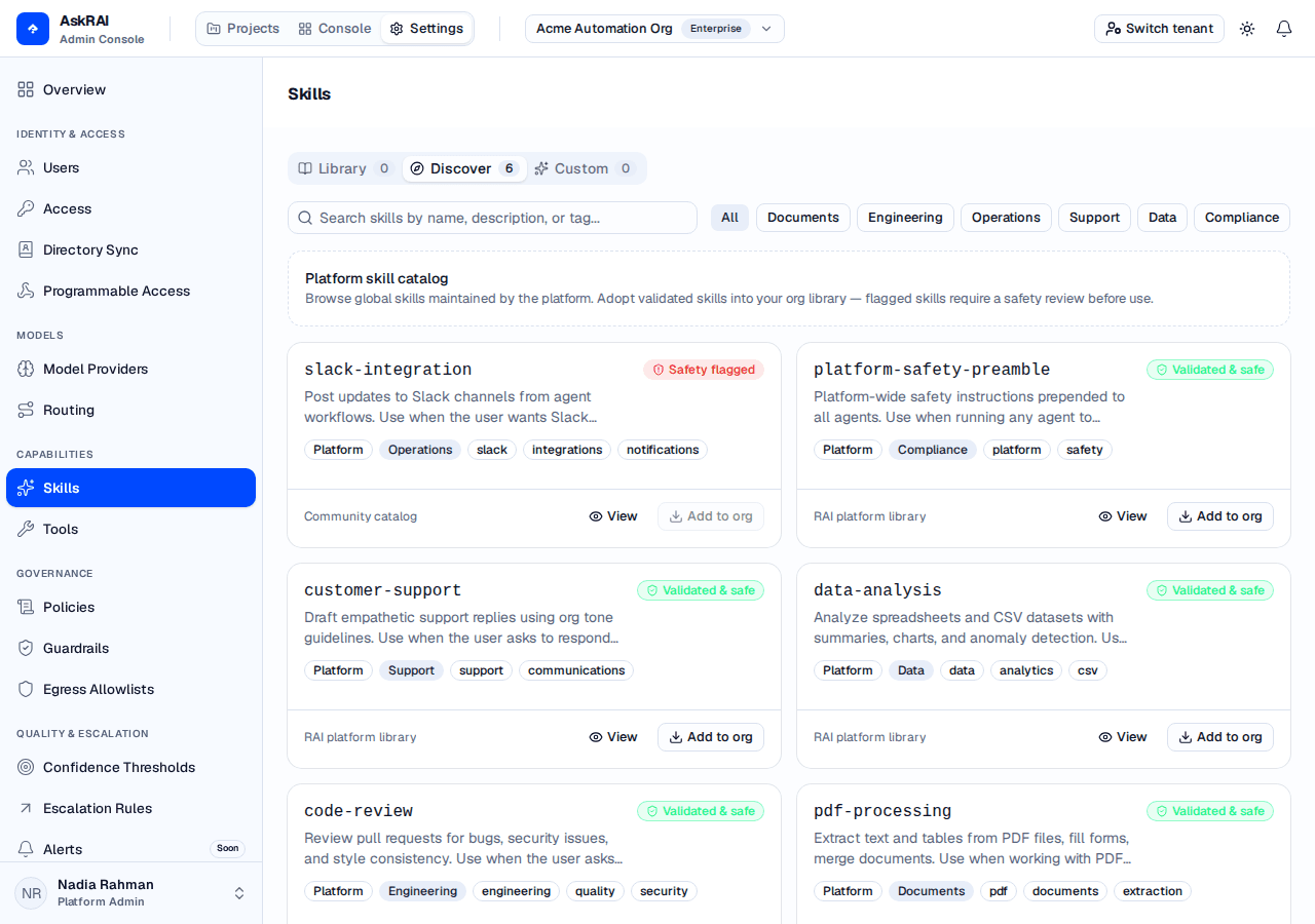 The Skills page on the Discover tab, showing six platform skills as cards with validation badges, category chips and Add to org buttons