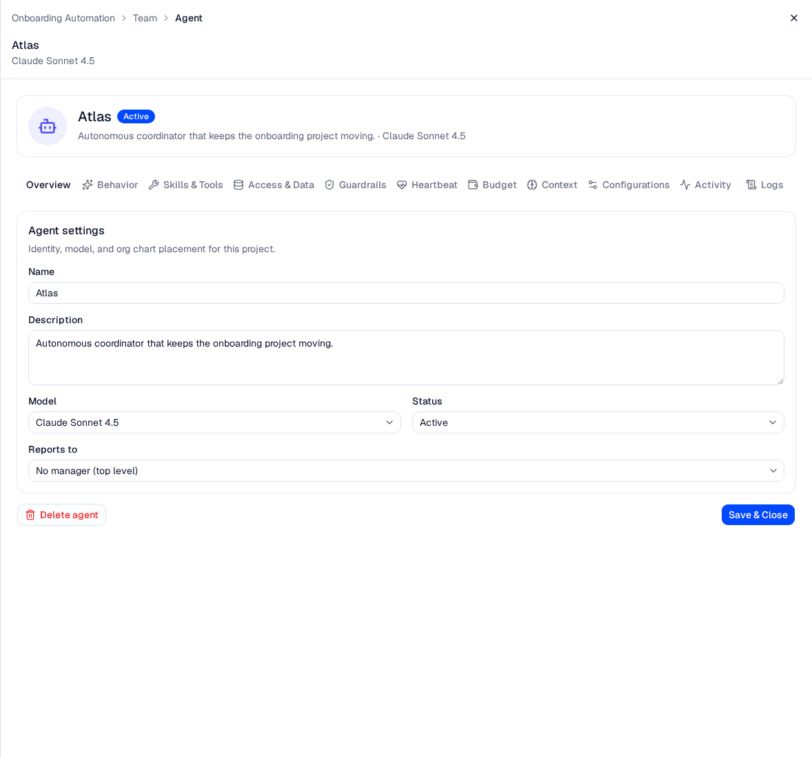 The agent detail panel open on the Overview tab, showing the Agent settings form with name, description, model, status, and reporting line