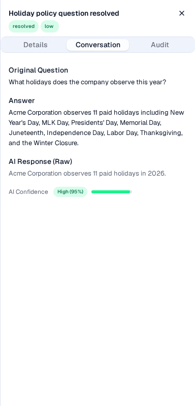 Ticket conversation tab showing the original question, AI answer, and confidence score
