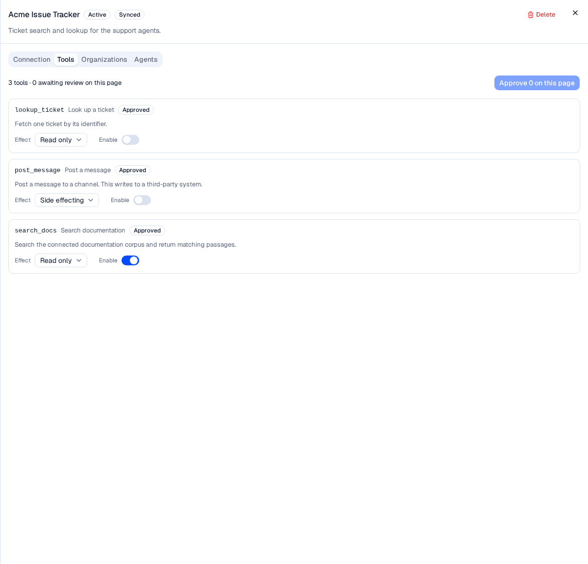 All three tools approved, none of them enabled except search_docs, and the server showing Synced with nothing awaiting review