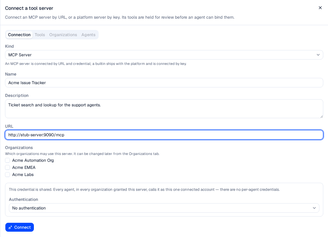 The Connect a tool server sheet with a name, description and MCP endpoint filled in, the organization checklist, and the shared-credential notice above the authentication selector