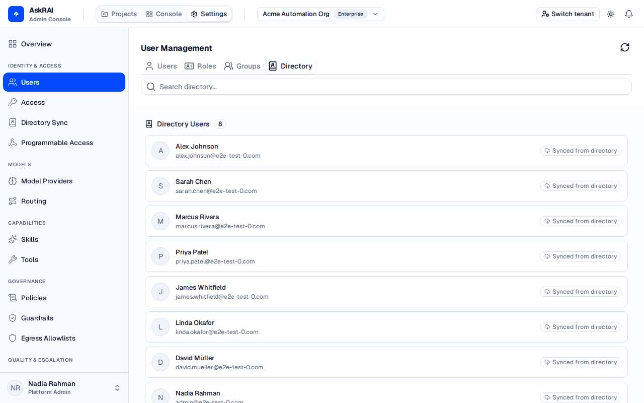 The Users page Directory tab listing SCIM-provisioned users, each marked with a Synced from directory badge