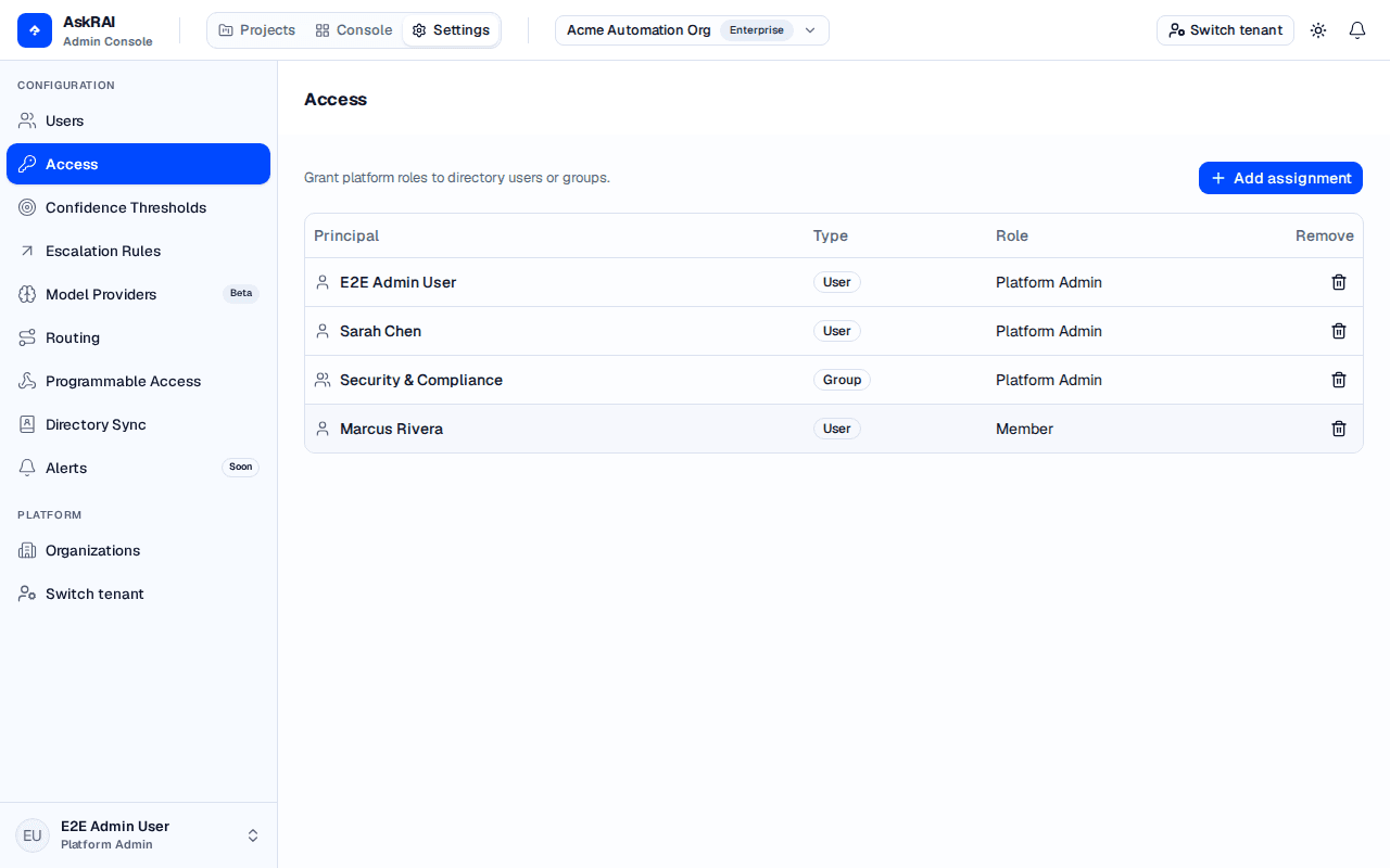 The Access page under Settings, listing role assignments for users and groups with their principal type and role, and an Add assignment button