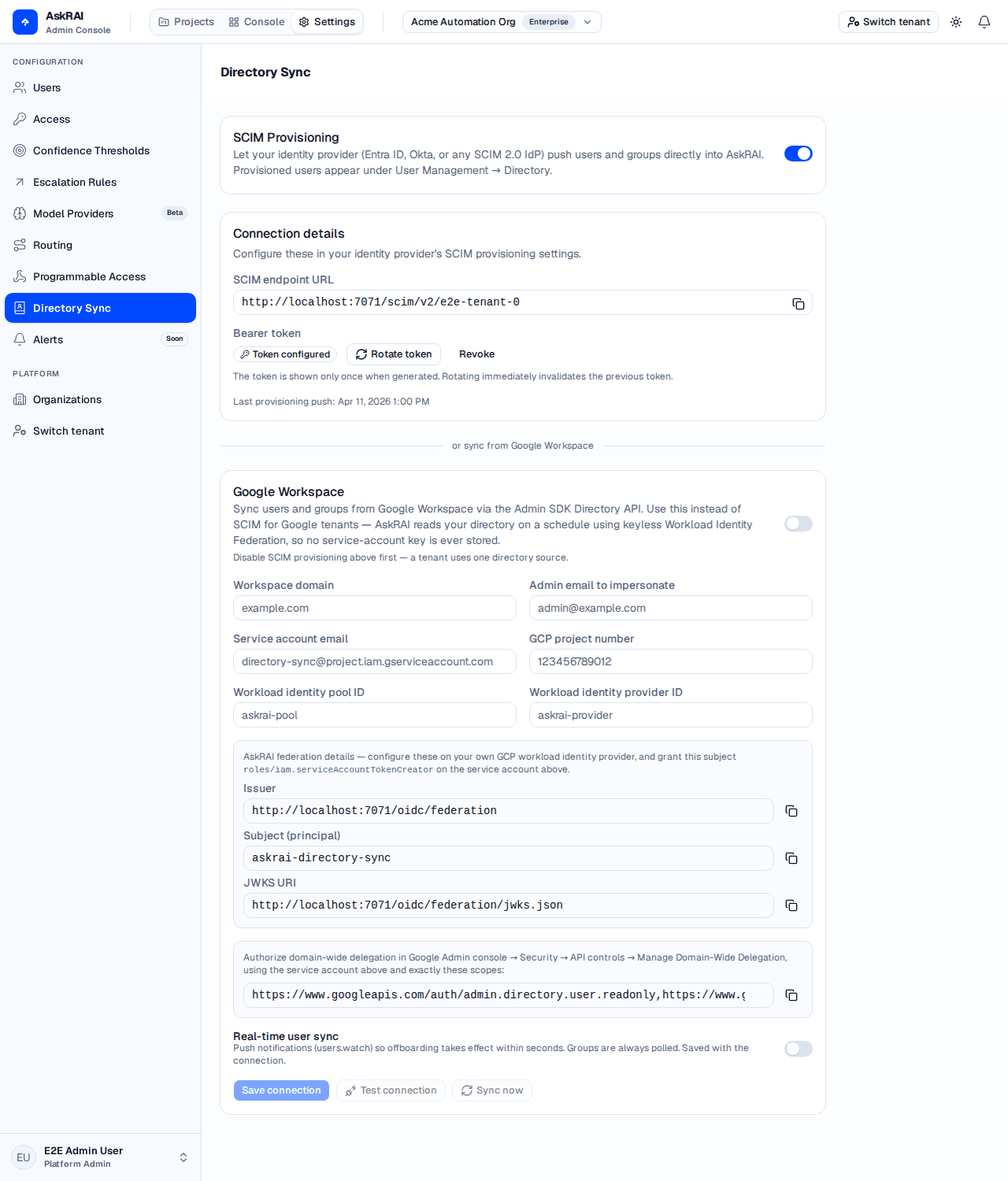 The Directory Sync settings page showing the SCIM Provisioning card with connection details and the Google Workspace card configured and actively syncing