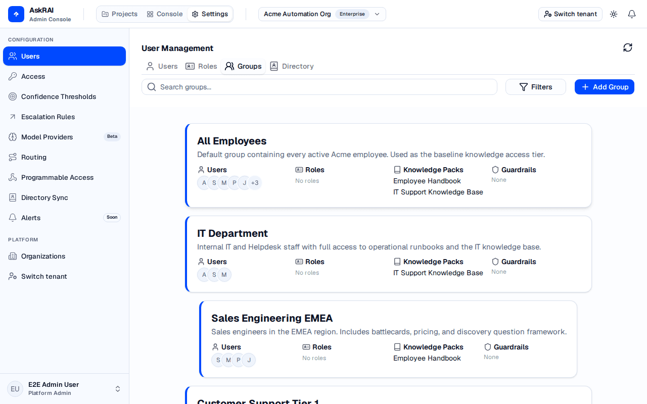Groups tab showing group cards with members, roles, knowledge packs, and guardrails
