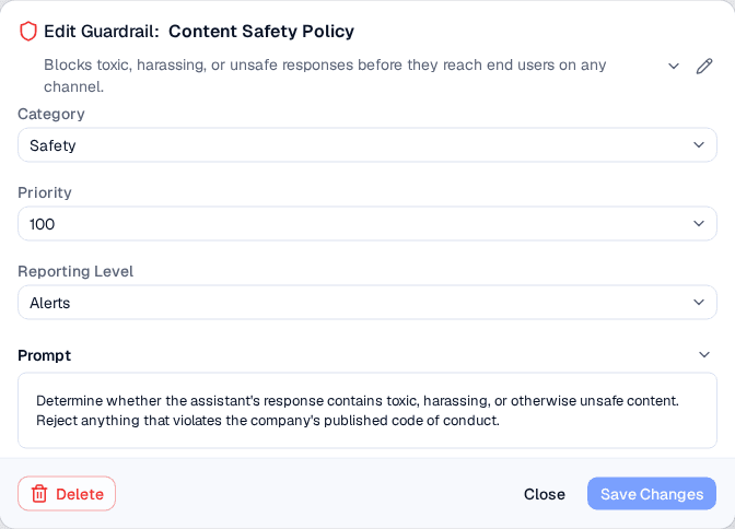 Edit guardrail modal showing all configuration fields