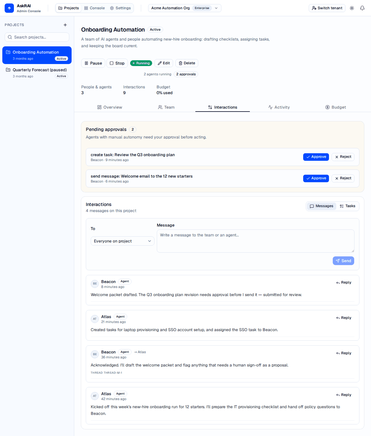 The Interactions tab of the Onboarding Automation project: the team is running with two agents, two pending approvals, and a live message thread between the Atlas and Beacon agents