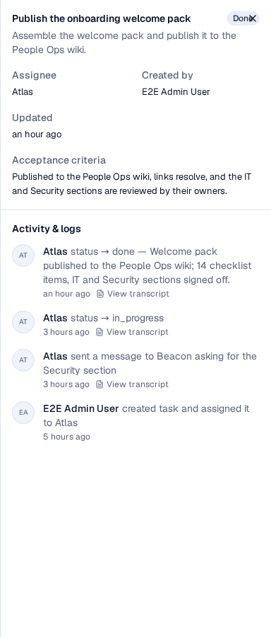 The task detail drawer for the Publish the onboarding welcome pack task, showing assignee, creator, acceptance criteria, and an Activity and logs trail ending in a status done entry that carries the agent's result