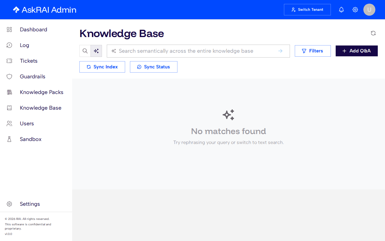 Close-up of the Knowledge Base toolbar showing the Text Search and AI Search toggle, the semantic search input field, the Sync Index and Sync Status buttons, and the Filters and Add Q&A actions