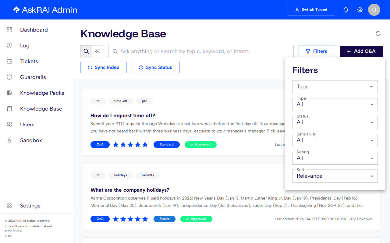 Knowledge Base page with the filters popover open showing tag, type, status, sensitivity, rating, and sort options