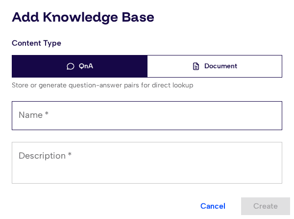 Add Knowledge Base dialog with content type toggle, name, and description fields