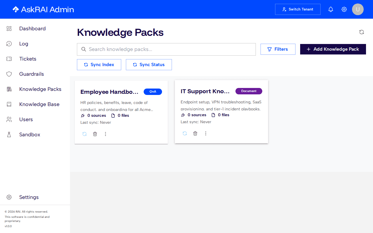 Knowledge Packs page showing pack cards with search, filters, and add button