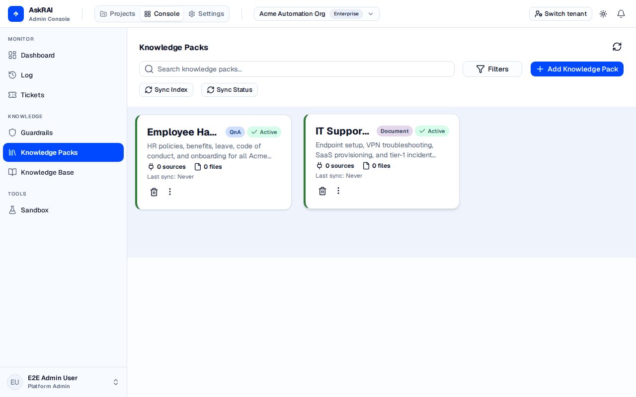 Knowledge Packs page showing pack cards with search, filters, and add button