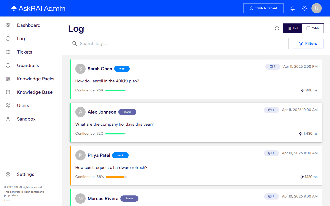 Log page showing a list of conversation cards with confidence scores and response times