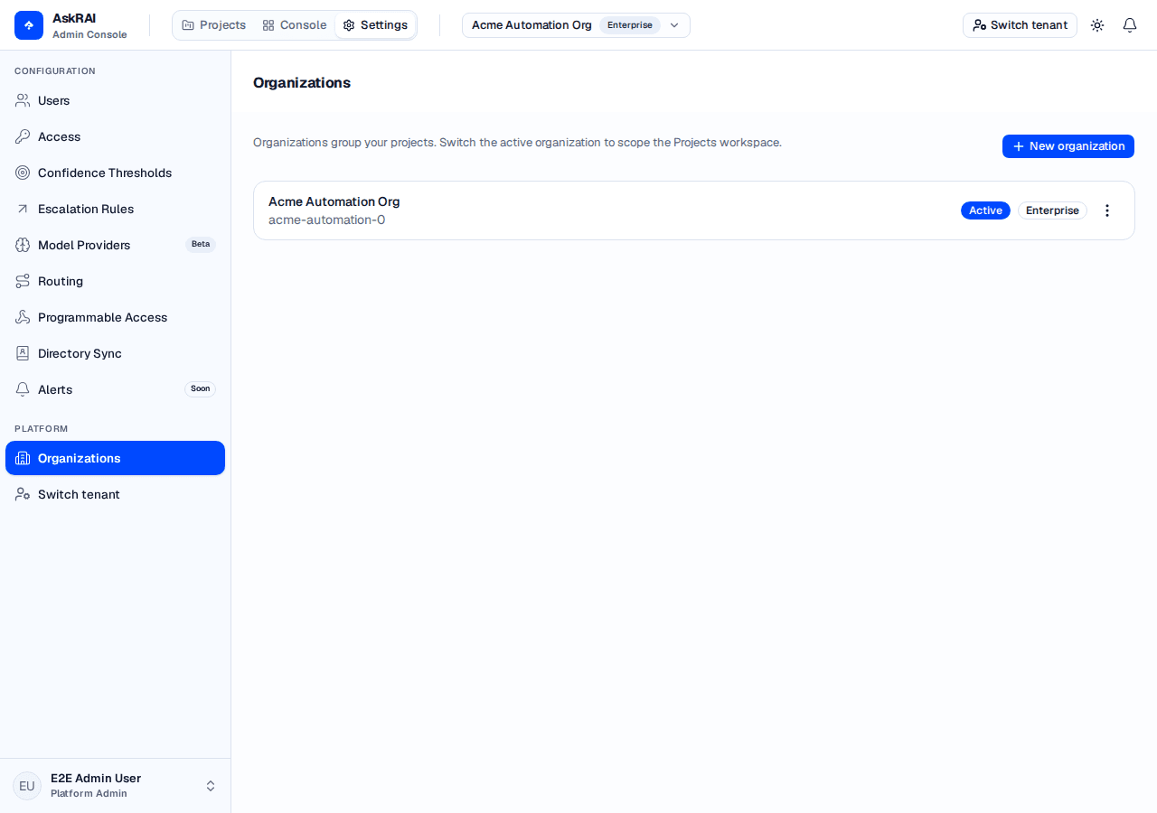 The Organizations page under Settings, listing Acme Corporation, Acme EMEA, and Acme Labs with their slugs, plan badges, and an Active badge on the current organization