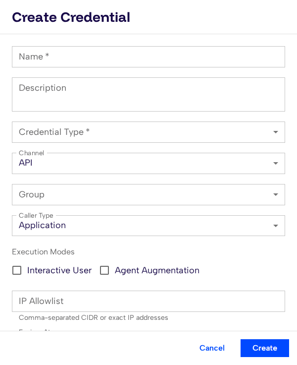 Create Credential dialog with name, description, type, channel, group, caller type, execution modes, and rate limit sections