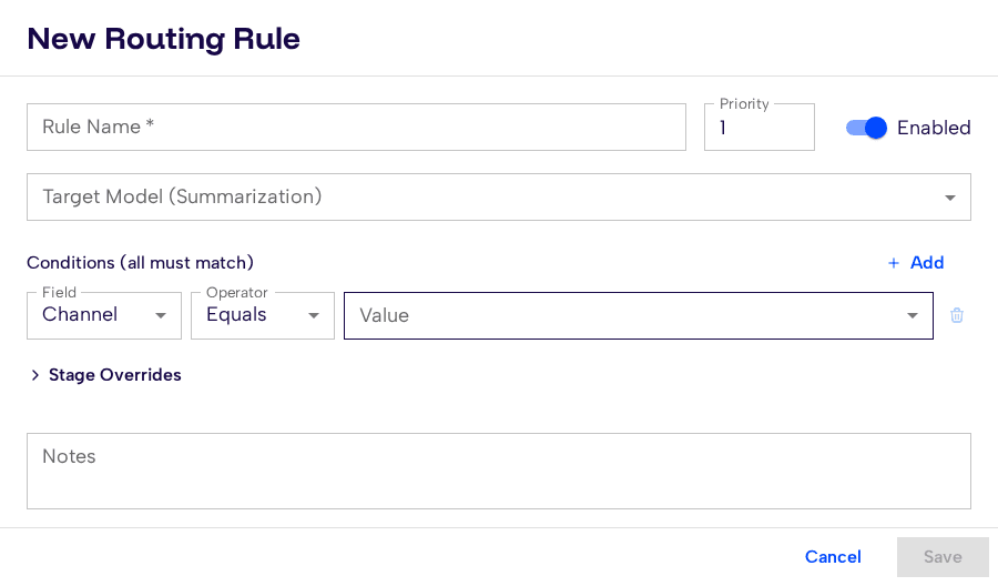New Routing Rule dialog with fields for name, priority, target model, conditions, and stage overrides