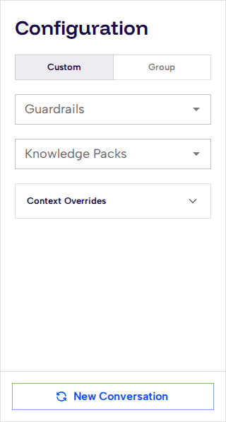 Configuration panel showing mode selection, guardrails, and knowledge packs