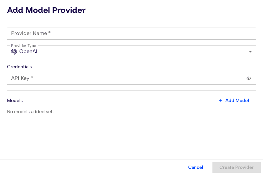Add Model Provider dialog showing provider name, type selector, credentials, and models sections