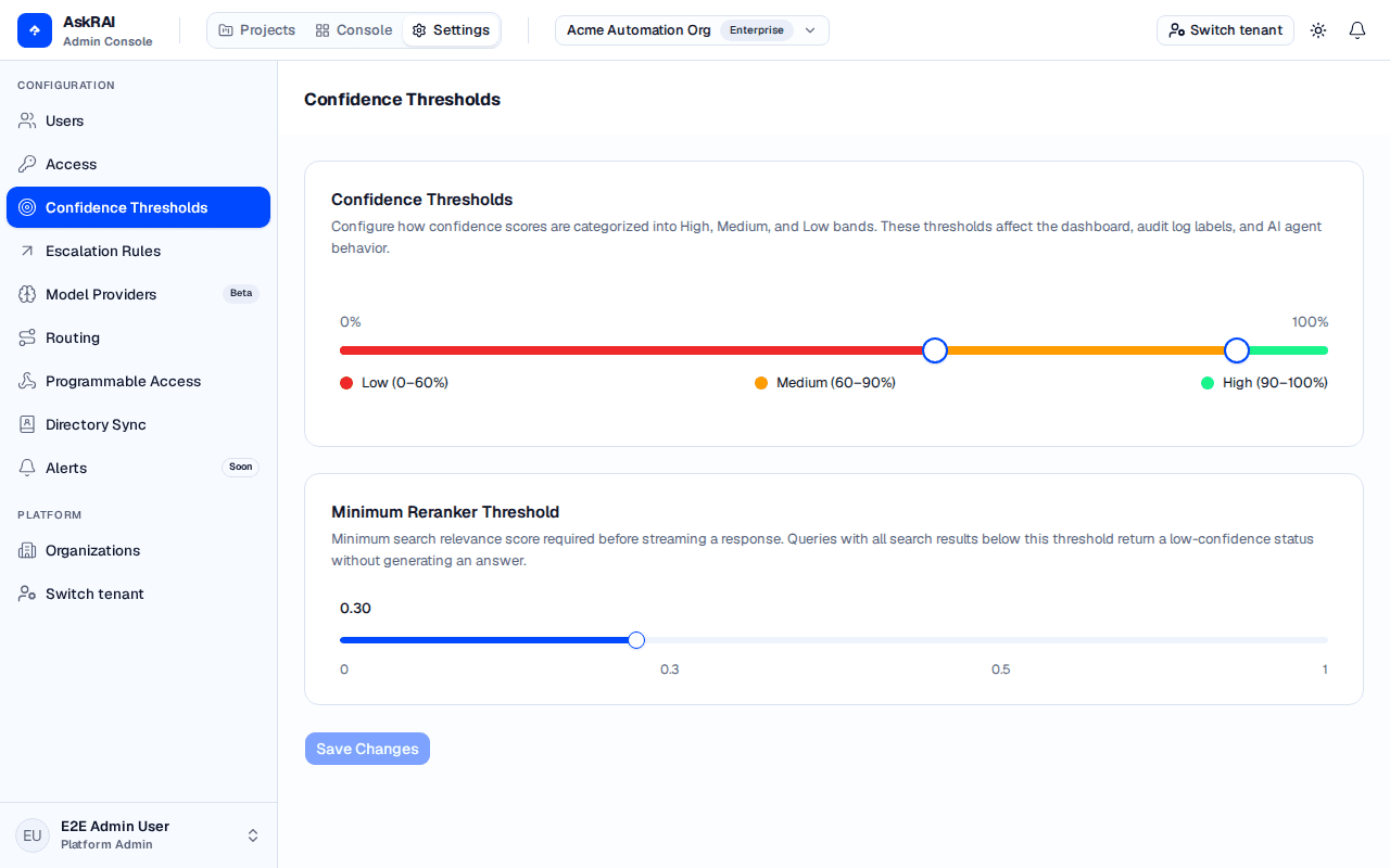 Settings page showing the Confidence Thresholds section with both the banding slider and the minimum reranker slider