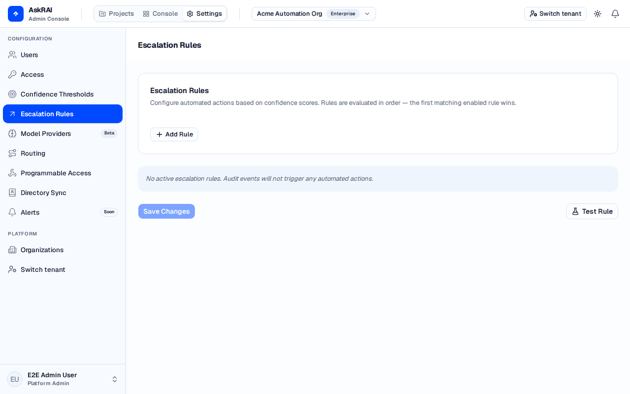 Settings page showing the Escalation Rules section with rule cards