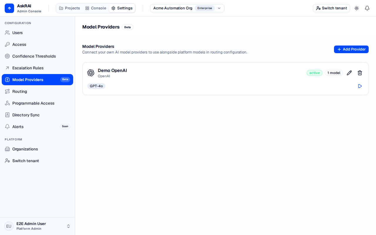 Settings page showing the Model Providers section with the empty state and Add Provider button