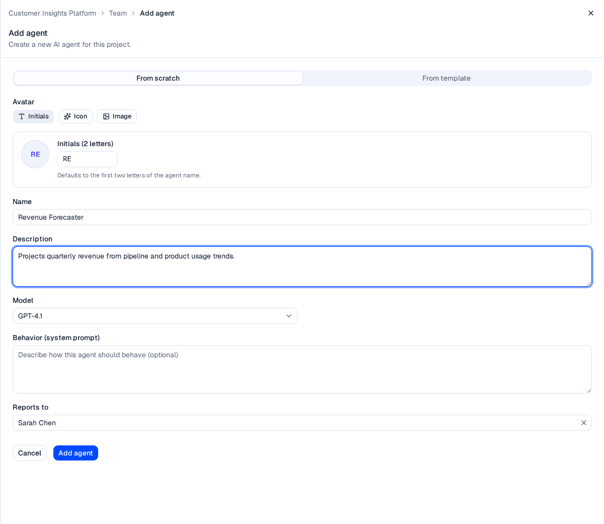 The Add agent panel with avatar, name, description, model, behavior, and reports-to fields
