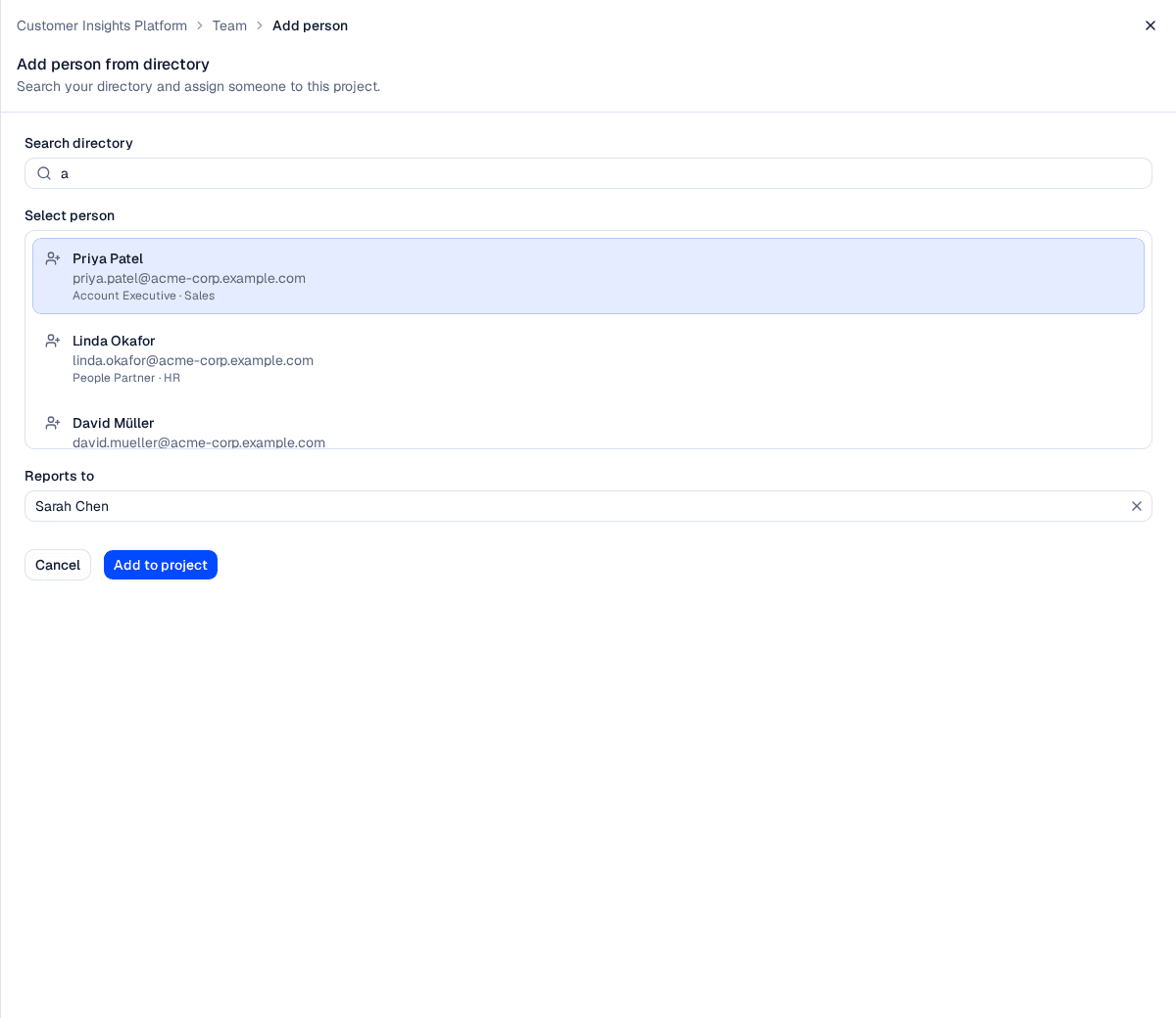 The Add person panel with a directory search, a list of matching people, and a Reports to selector