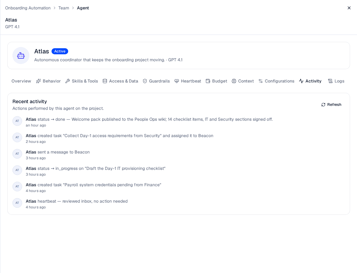The Activity tab of the Atlas agent, listing the actions it took on the project — publishing the welcome pack, creating and assigning tasks, messaging Beacon, and a heartbeat with no action needed