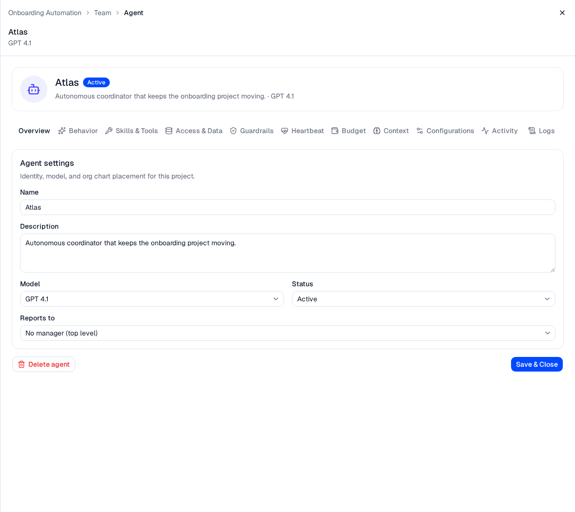 The agent detail panel open on the Overview tab, showing the Agent settings form with name, description, model, status, and reporting line