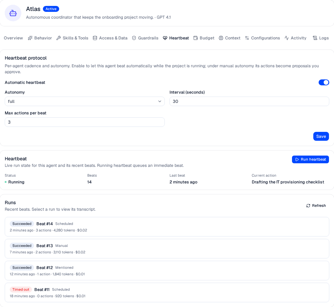 The Heartbeat tab in an agent's detail panel: the Heartbeat protocol config, live run state, and the recent Runs list with per-beat token and cost usage