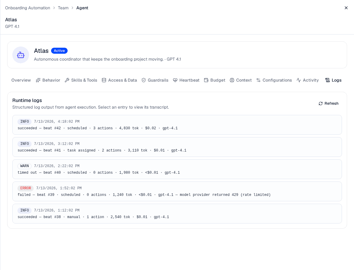 The Logs tab of the Atlas agent, showing five beats with INFO, WARN, and ERROR level badges, each summarizing the trigger, action count, token usage, cost, and model