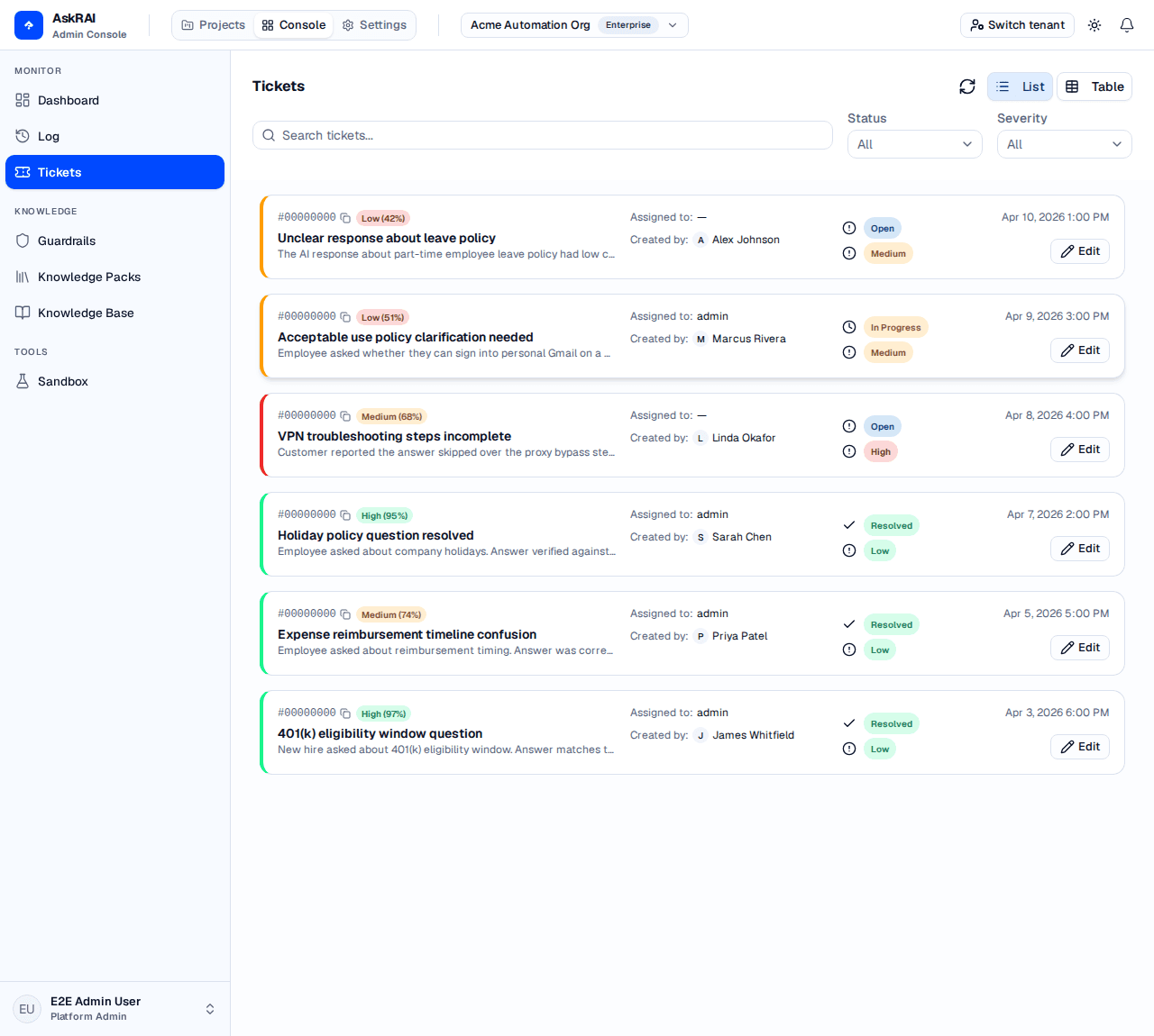 Tickets page showing a list of escalated tickets with status and severity indicators