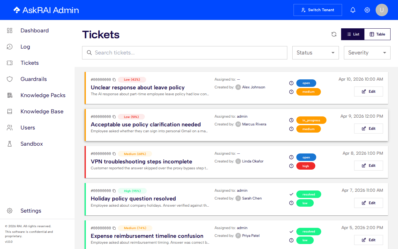 Tickets page showing a list of escalated tickets with status and severity indicators