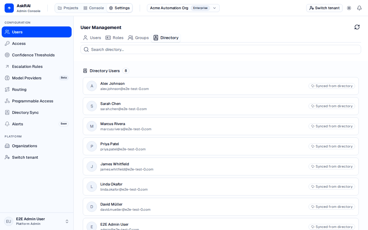 The Users page Directory tab listing SCIM-provisioned users, each marked with a Synced from directory badge