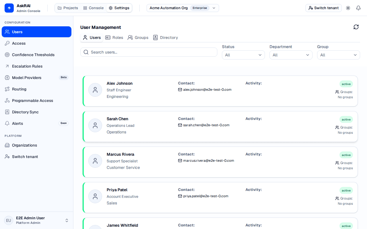 The User Management page under Settings, showing the Users tab with user cards and status indicators
